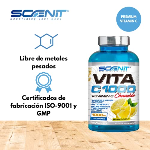 Vitamina C | 1000 mg | 120 tabletas masticables con sabor a limón de Vitamina C Pura | Ayuda a disminuir el cansancio y la fatiga | Antioxidantes para el cansancio, la fatiga y el sistema inmune