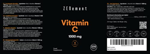 Vitamina C 1000 mg, 270 Comprimidos | Antioxidante, y contra la fatiga | Vegano, sin aditivos, sin gluten, No-GMO, GMP | de Zenement