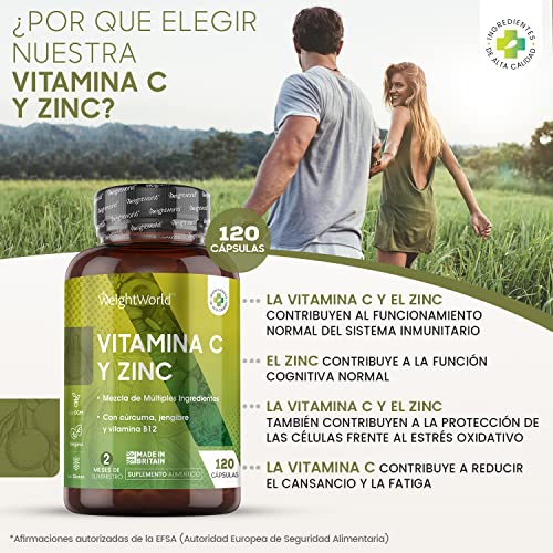 Vitamina C Zinc 120 Cápsulas Vegano - Vitamina C Pura Del Ácido Ascórbico Con Vitamina b12, Hierro, Cúrcuma y Jengibre Contribuye Funcionamiento Normal del Sistema Inmunológico Reduce Cansancio