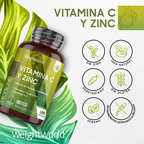 Vitamina C Zinc 120 Cápsulas Vegano - Vitamina C Pura Del Ácido Ascórbico Con Vitamina b12, Hierro, Cúrcuma y Jengibre Contribuye Funcionamiento Normal del Sistema Inmunológico Reduce Cansancio