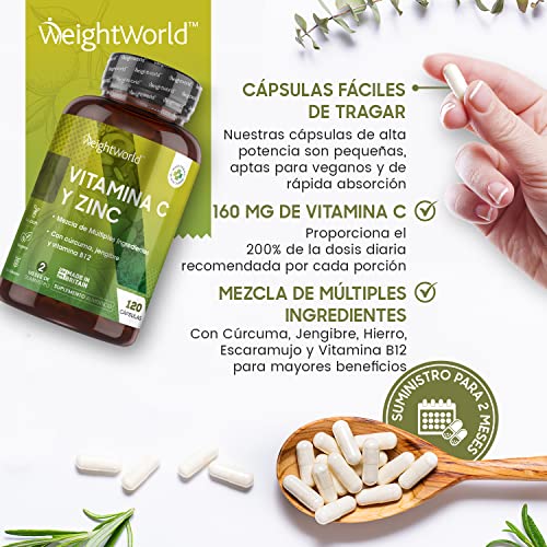 Vitamina C Zinc 120 Cápsulas Vegano - Vitamina C Pura Del Ácido Ascórbico Con Vitamina b12, Hierro, Cúrcuma y Jengibre Contribuye Funcionamiento Normal del Sistema Inmunológico Reduce Cansancio