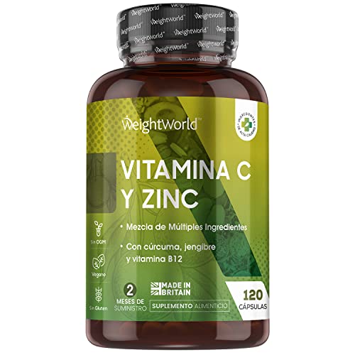 Vitamina C Zinc 120 Cápsulas Vegano - Vitamina C Pura Del Ácido Ascórbico Con Vitamina b12, Hierro, Cúrcuma y Jengibre Contribuye Funcionamiento Normal del Sistema Inmunológico Reduce Cansancio