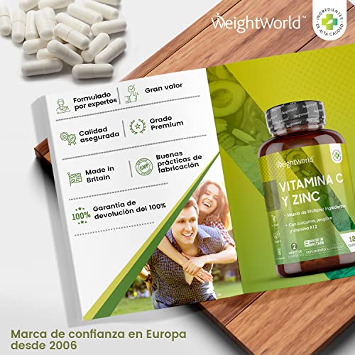 Vitamina C Zinc 120 Cápsulas Vegano - Vitamina C Pura Del Ácido Ascórbico Con Vitamina b12, Hierro, Cúrcuma y Jengibre Contribuye Funcionamiento Normal del Sistema Inmunológico Reduce Cansancio