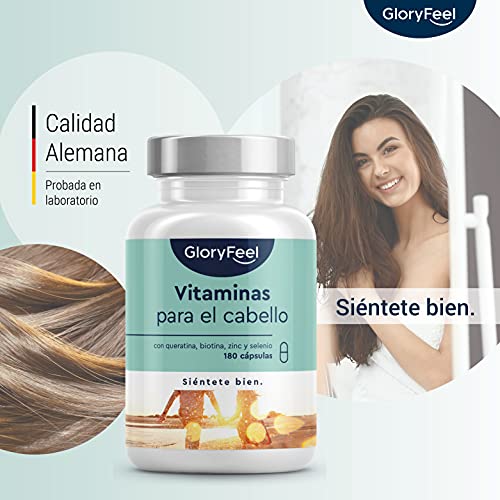 Vitaminas para el cabello - PARA EL CRECIMIENTO DE UN CABELLO FUERTE Y SANO - Altas dosis de queratina, biotina, zinc, selenio, extracto de mijo, vitaminas B y más - 180 cápsulas para 3 meses