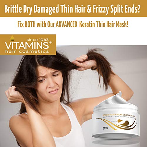 Vitamins Mascarilla Keratina Pelo Seco y Dañado - Tratamiento Capilar Activador de Rizos con Biotina, Castor Oil, Colágeno y Aceite de Coco y Jojoba para Cabello Fino