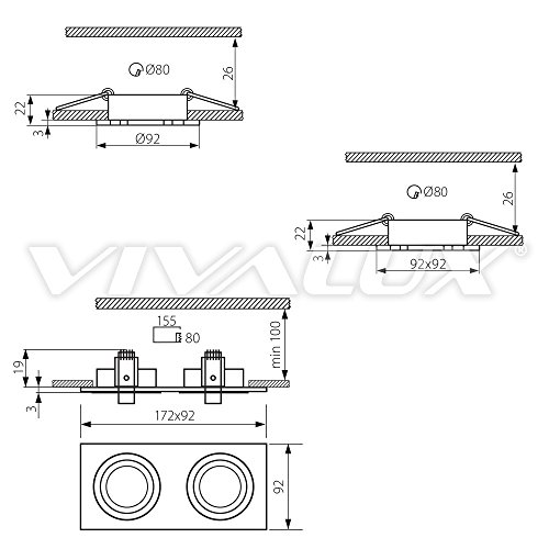 VivaLux Style SL622 AL / SL622 B - Lámpara LED de techo, empotrable, de aluminio extruido,12 V Gx5,3, plateada, IP 20, para salón, dormitorio o cocina (acabado de aluminio gris)