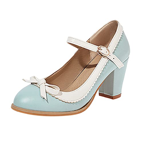 VulusValas Mujer Sweetie Mary Jane Zapatos Alto Tacón Ancho Pumps Hebilla Correa de Tobillo Zapatos Lazos Blue Size 36 Asiática