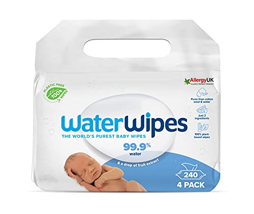 WaterWipes Toallitas de bebé (4 x 60 unidades), las toallitas húmedas más puras para pieles suaves de bebé, toallitas limpiadoras compostables 100% de origen vegetal – 240 toallitas