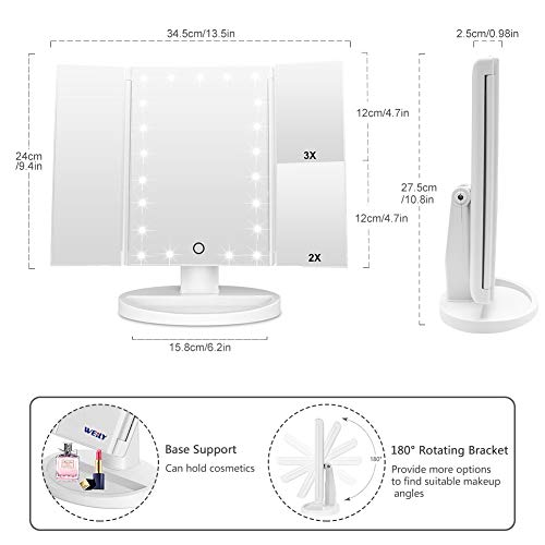 WEILY Espejo de Maquillaje, 1x / 2X / 3X Espejo de Maquillaje de Tres Pliegues con 21 Luces LED y Pantalla táctil Ajustable Espejo Iluminado Tocador Espejos cosméticos de encimera (Blanca)