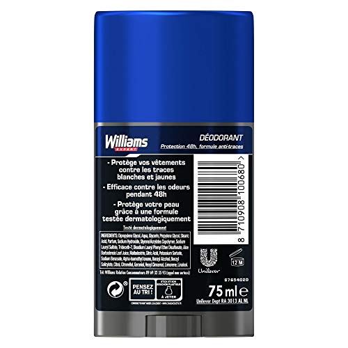 Williams - Pack de 6 desodorantes invisibles en barra de protección 48H, 75 ml, lote de 3