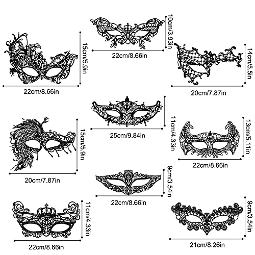 Wisdom1674 Máscara de Mascarada de Encaje, Mascarada Veneciano Máscaras de Mujer Máscara de Baile de Carnaval, Máscara de Encaje Gótico para Fiesta Temática, Juego de Roles, 9 Piezas