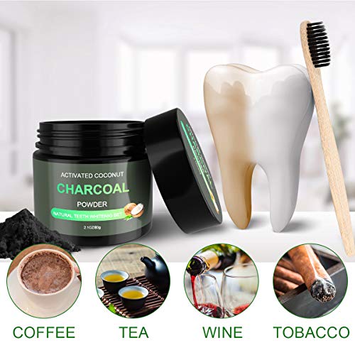 WOSTOO Polvo de Dientes, Polvo de Blanqueamiento de Carbón Activado Natural 2*80g+2 cepillos de bambú Teeth Whitening Powder Mejora la Salud Oral para Blanquear Dientes Sensibles Rápida, Eficazmente