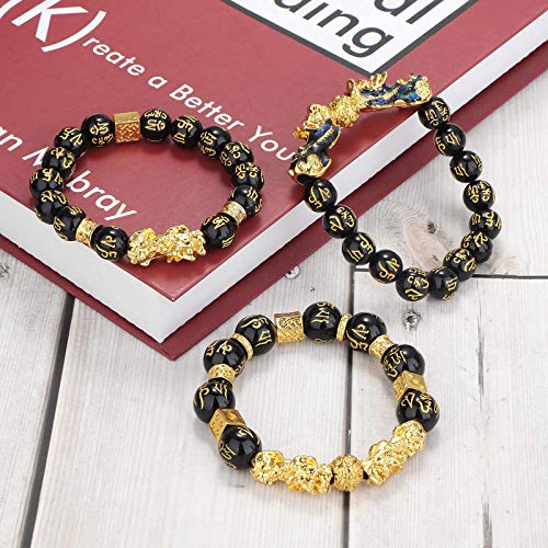 YADOCA 6 Piezas Feng Shui Golden Pi Xiu Lucky Wealthy Amuleto Pulsera Negro Natural Obsidiana Wealth Pulsera Elástico Ajustable 12 mm Bead Dragon Juego de Pulsera Good Lucky