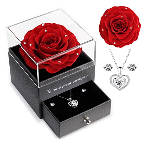 Yamonic Rosa Eterna con Juego de Joyas Brillantes, Regalo Cumpleaños Mujer, Rosa Eterna Natural Preservada, Te Amo para Siempre en Español, Regalo de San Valentín para Ella,Rosa Real