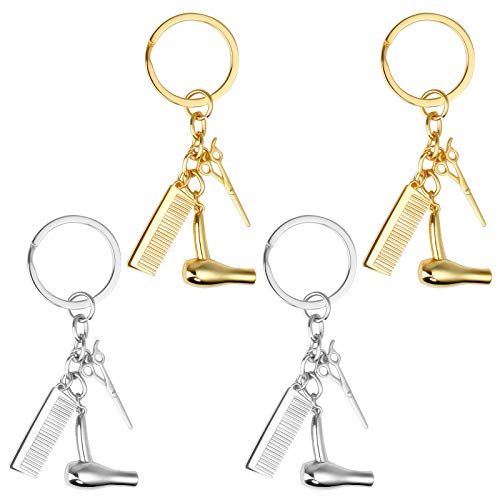 Yangfei 4Pcs Llaveros Originales Llavero Tijeras Peine Llavero Peluquería, Llavero Creativo para Secador de Pelo Regalo para Peluquero y Salón de Estilista (Oro y Plata)