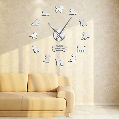 Yao Fa Reloj de Pared Bichon Frise Friend Mirror 3D Efecto Reloj de Pared Bichón Tenerife Silent Reloj de Movimiento Movimiento de Movimiento Non Chichon à Poil Frisé Wall Watch