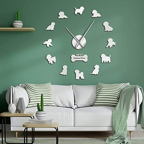 Yao Fa Reloj de Pared Bichon Frise Friend Mirror 3D Efecto Reloj de Pared Bichón Tenerife Silent Reloj de Movimiento Movimiento de Movimiento Non Chichon à Poil Frisé Wall Watch