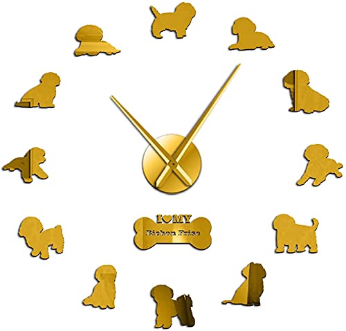 Yao Fa Reloj de Pared Bichon Frise Friend Mirror 3D Efecto Reloj de Pared Bichón Tenerife Silent Reloj de Movimiento Movimiento de Movimiento Non Chichon à Poil Frisé Wall Watch