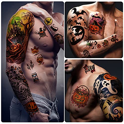 Yazhiji 40 hojas de Tatuajes Temporales de Halloween Calabaza bruja Tatuaje de Calavera de azúcar mujeres hombres niños y niñas, kit de maquillaje de zombies de Halloween Tatuajes Impermeables