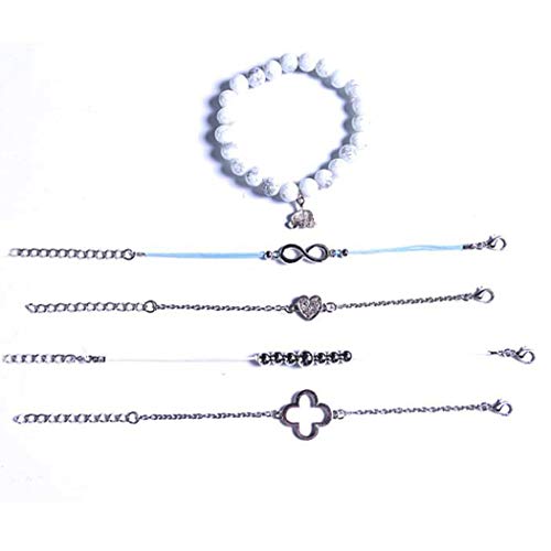 Yean Juego de pulseras de cristal estilo boho, plateadas, con forma de elefante, corazón, con cuentas, accesorios para mujeres y niñas, paquete de 5 unidades