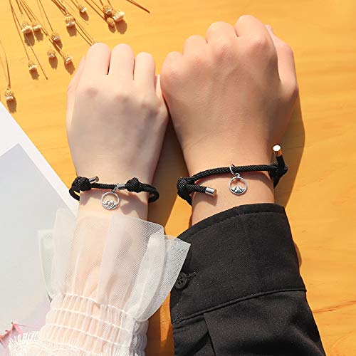 YELUWA 2 Pulseras de Distancia de Atracción Mutua para Parejas, Mejores Amigos, Montaña y mar, Votos de amor eterno, Pulsera hecha a mano con Cuerda Negro Trenzada a juego para Novio y Novia