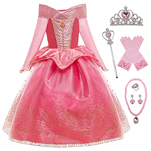 YOSICIL Disfraz Princesa Aurora para Niña Disfraz Bella Durmiente Manga Larga con 6Pcs Accesorio Dulce Princesa Cosplay Vestido para Cumpleaños Halloween Fiesta，Rosa,120