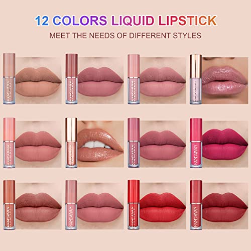 Zhiaek 12 Piezas Mate Brillo de Labios con Color Lápiz Labial Líquido de Larga Duración Pintalabios Mate Liquido Hidratante Impermeable Regalo San Valentín Cumpleaños para Mujeres Novia Niña