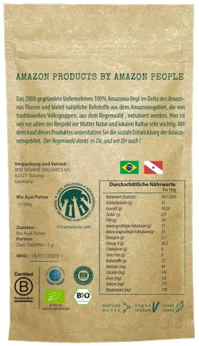 100% Amazonia Polvo de Acai puro orgánico, extracto fresco de bayas de Acai (pan crudo), secado en congelador, impulsado por el proyecto Aryiamuru, envases compostables, MHD 18/01/2023 (100 g)