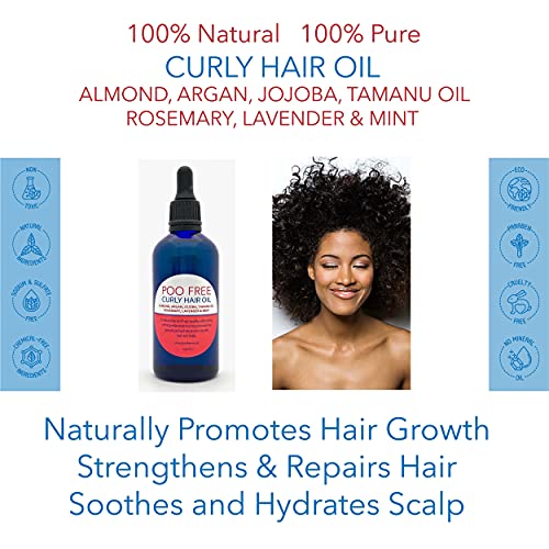 100% Natural ACEITE PARA CABELLO RIZADO - ALMENDRA, ARGÁN, JOJOBA, TAMANU + ROMERO, LAVANDA Y MENTA - 100 ml de POO FREE. Promueve el Crecimiento del Cabello. Hidrata, Nutre, Protege.