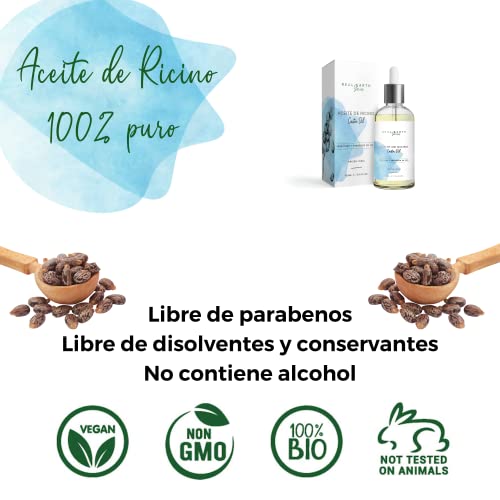 100ml Aceite de Ricino 100% Puro, Natural, Vegano - Prensado en Frío para cuidado y crecimiento de pestañas, cejas, cabello, barbas, uñas y para tratamiento antimanchas, anticaidas y antiedad