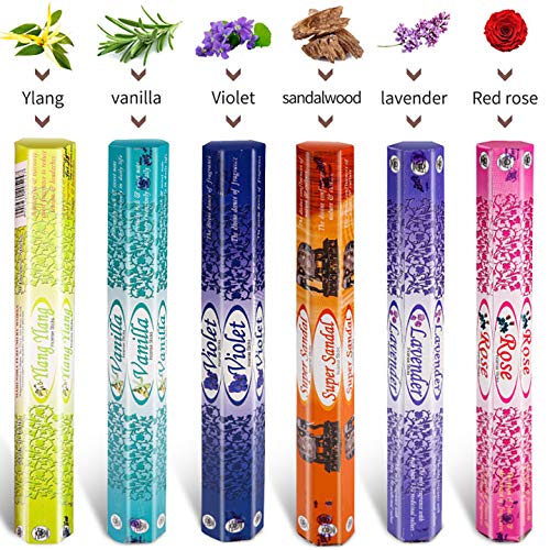 120 Incienso Palitos Varillas de Incienso con 6 aromas Juego económico de varillas de incienso con 6 aromas sándalo,violeta,rosa,lavanda,vainilla,ámbar con 1 x soporte para varillas de incienso