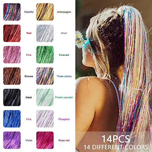 14 colores 2500 hebras de pelo oropel Strands Kit con herramientas para mujeres niñas extensiones de cabello Clip Party Cosplay Party Suministros