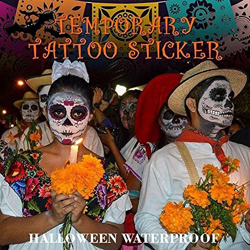 1/4 hojas Etiqueta de maquillaje facial Tatuaje facial a prueba de agua Día de los muertos Disfraz de cara de calavera Pegatinas de tatuaje temporal de Halloween Pegatinas de cara de terror de