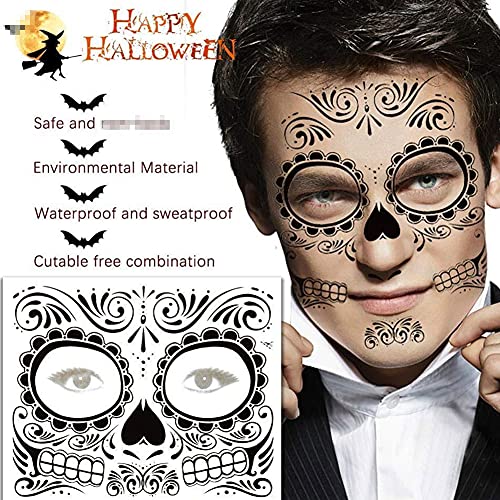 1/4 hojas Etiqueta de maquillaje facial Tatuaje facial a prueba de agua Día de los muertos Disfraz de cara de calavera Pegatinas de tatuaje temporal de Halloween Pegatinas de cara de terror de