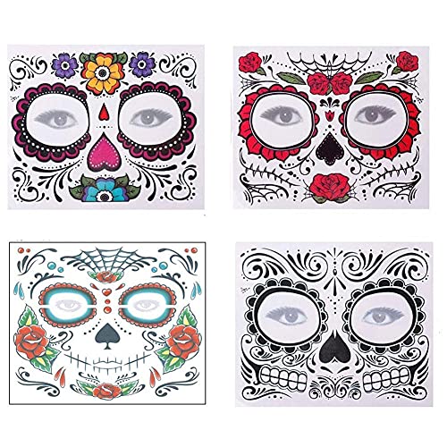 1/4 hojas Etiqueta de maquillaje facial Tatuaje facial a prueba de agua Día de los muertos Disfraz de cara de calavera Pegatinas de tatuaje temporal de Halloween Pegatinas de cara de terror de