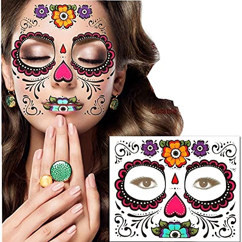 1/4 hojas Etiqueta de maquillaje facial Tatuaje facial a prueba de agua Día de los muertos Disfraz de cara de calavera Pegatinas de tatuaje temporal de Halloween Pegatinas de cara de terror de