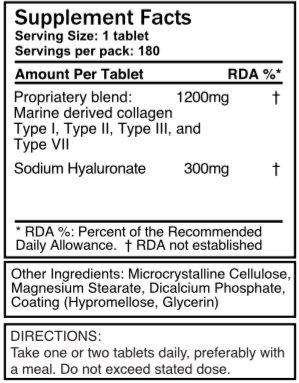 1500 mg x 720 comprimidos. 1200 mg de colágeno UltraColl y 300 mg de ácido hialurónico por tableta. (4 frascos de 180 comprimidos cada uno - suministro para 12 meses)