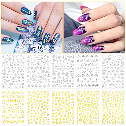 16 Hojas Pegatinas Uñas Navidad Decorativa Copos de Nieve Etiqueta Uñas Adhesivos para Uñas Nail Art Stickers con Pinzas para Decoraciones de Uñas de Bricolaje, Plateado, Dorado