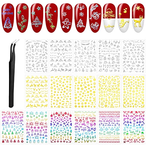 16 Hojas Pegatinas Uñas Navidad Decorativa Copos de Nieve Etiqueta Uñas Adhesivos para Uñas Nail Art Stickers con Pinzas para Decoraciones de Uñas de Bricolaje, Plateado, Dorado