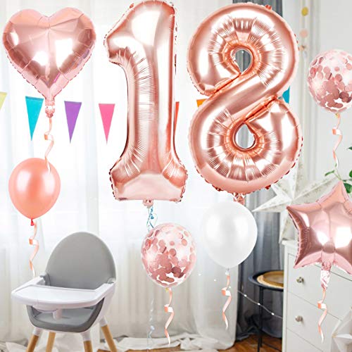 18er Cumpleaños Globos, Cumpleaños 18 Año, Decoración de Cumpleaños 18 en Oro Rosa, Number Balloons, Feliz Cumpleaños Decoración Globos 18 Años, Decoracion Cumpleaños para Niñas y Mujeres