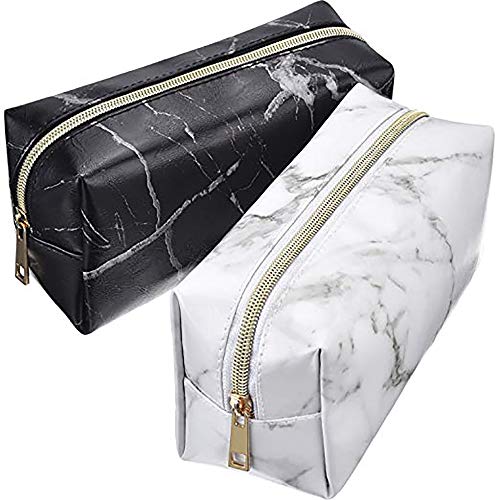 2 Pieza Bolsa de Cosméticos de Mármol Cuero de PU Bolsa de Maquillaje Viaje Portátil Estuche Organizador de Belleza Bolsas de tocador Nlanco Negro Estuches de lápices Pinceles de Maquillaje Bolso