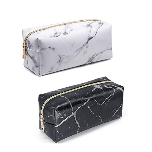 2 Pieza Bolsa de Cosméticos de Mármol Cuero de PU Bolsa de Maquillaje Viaje Portátil Estuche Organizador de Belleza Bolsas de tocador Nlanco Negro Estuches de lápices Pinceles de Maquillaje Bolso