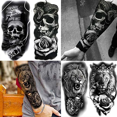 22 Hojas Tigre León Cráneo Grand Tatuajes Temporales Adultos Mujer Hombre Media Manga, Brújula Reloj Rosa 3D Tatuajes Falsos Chica Chico Realista, Tatuajes Adhesivos Brazo Antebrazo Pierna Impermeable