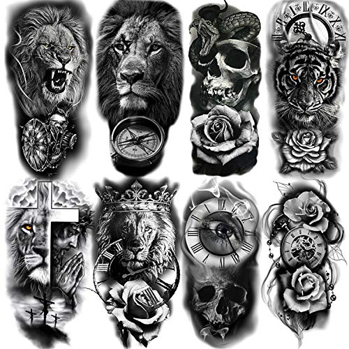 22 Hojas Tigre León Cráneo Grand Tatuajes Temporales Adultos Mujer Hombre Media Manga, Brújula Reloj Rosa 3D Tatuajes Falsos Chica Chico Realista, Tatuajes Adhesivos Brazo Antebrazo Pierna Impermeable