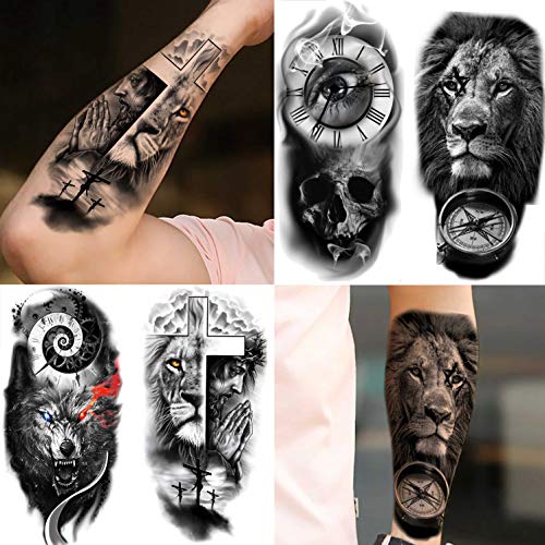 22 Hojas Tigre León Cráneo Grand Tatuajes Temporales Adultos Mujer Hombre Media Manga, Brújula Reloj Rosa 3D Tatuajes Falsos Chica Chico Realista, Tatuajes Adhesivos Brazo Antebrazo Pierna Impermeable