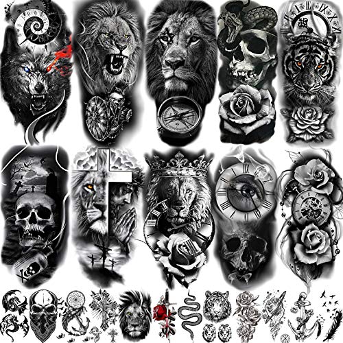 22 Hojas Tigre León Cráneo Grand Tatuajes Temporales Adultos Mujer Hombre Media Manga, Brújula Reloj Rosa 3D Tatuajes Falsos Chica Chico Realista, Tatuajes Adhesivos Brazo Antebrazo Pierna Impermeable