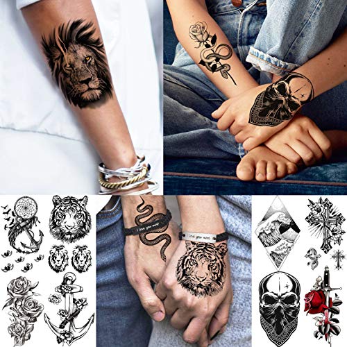 22 Hojas Tigre León Cráneo Grand Tatuajes Temporales Adultos Mujer Hombre Media Manga, Brújula Reloj Rosa 3D Tatuajes Falsos Chica Chico Realista, Tatuajes Adhesivos Brazo Antebrazo Pierna Impermeable