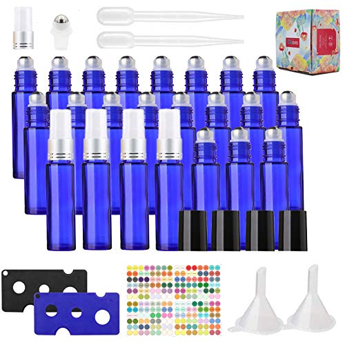 24 Botellas de Aceite Esencial de 10 ml,Azul con Spray de Vidrio Botella Tapas Negras y Abrebotellas, Aromaterapia, Fragancia, Tamaño de Viaje