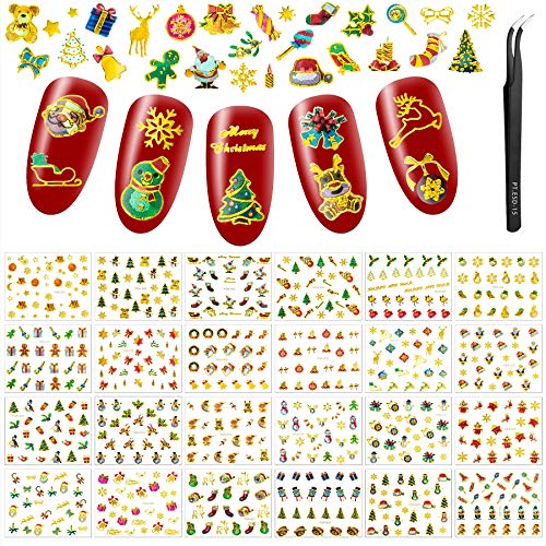 24 Hojas Pegatinas Uñas Navidad, Decorativas Adhesivos Pegatinas para Uñas Nail Art Stickers con Pinzas para Decoraciones de Uñas de Navideñas (Dorado)