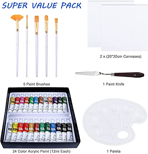 24 Tubos Pinturas Acrílicas para Pintar, Myada Juego de Pinturas Acrílicas, Paquete de 24 x 12 ml, 5 Pinceles, 2 Tableros de Dibujo, 1 Raspador, 1 Paleta, No Tóxicos para Principiantes o Niños